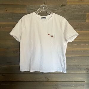 Zara White Short Sleeve Tee with Strawberry Embellishments